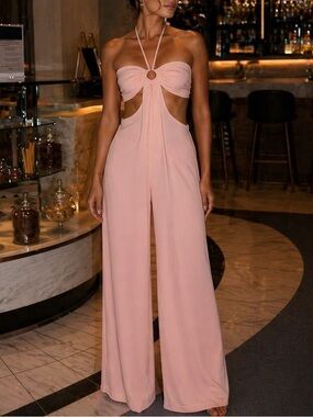 Strapless Cutout Wide-Leg Jumpsuit in Blush Pink